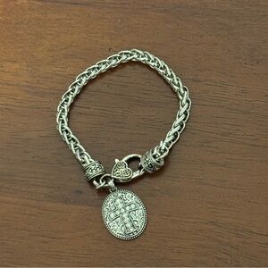 Silver Tone Woven Rope Chain Bracelet with Cross Pendant